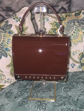 La Terre Jewel-Top Chocolate Brown Patent Chic Top-Handle Satchel